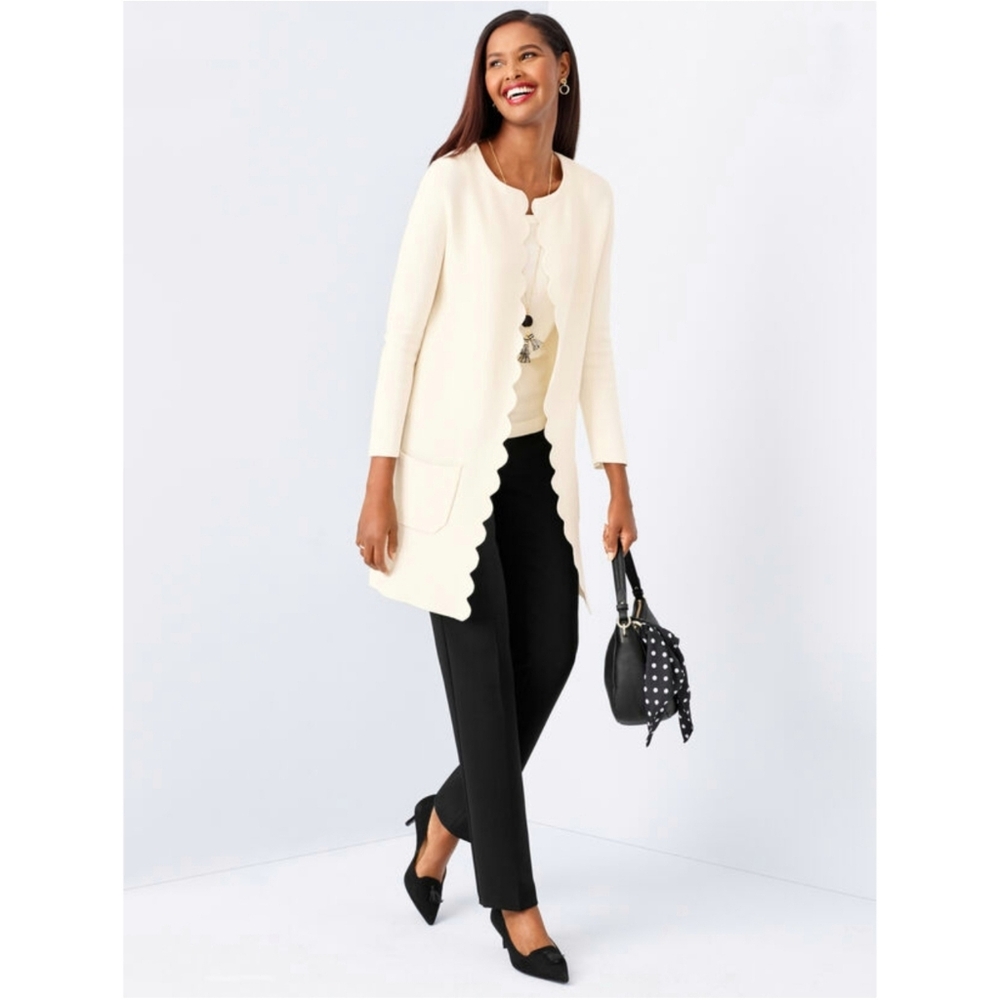 Talbots Scallop Edge Open Front Cardigan Cream Ivory Size M NWT